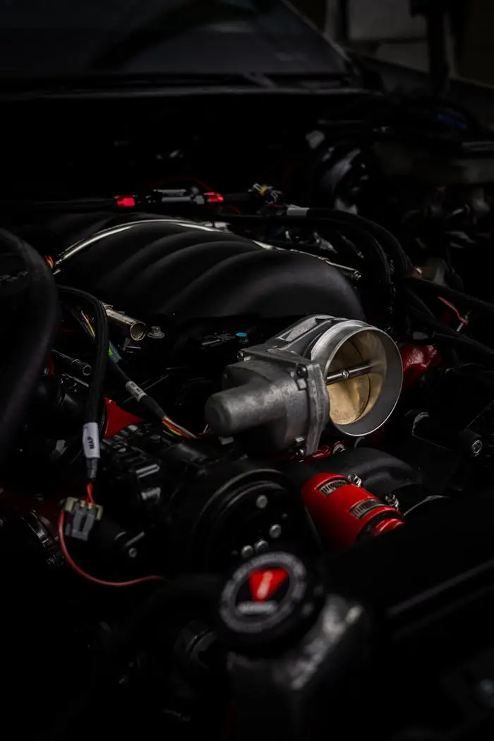 our-story Detailed view of a car engine with red accents, highlighting mechanical components.